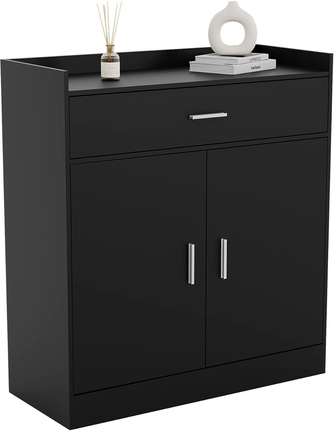 Modern Black Shoe Cabinet 2 Door 1 Drawer Cupboard Hallway Storage Unit
