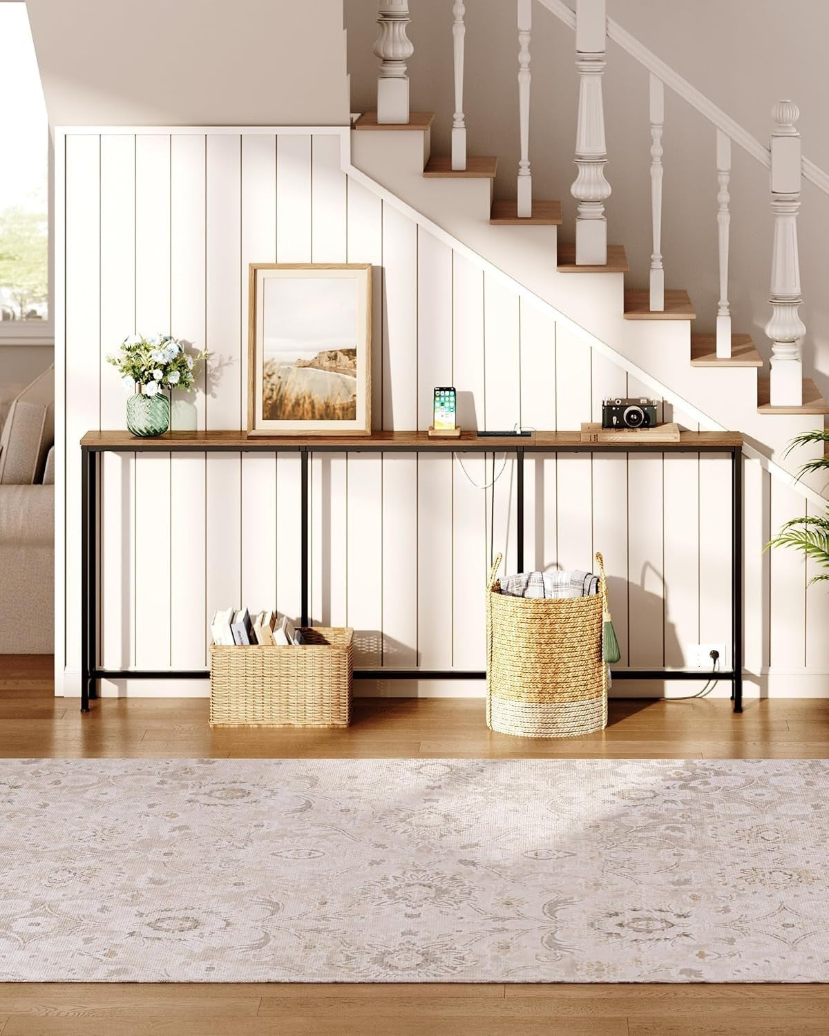 Slim Rustic Console Table with Power Outlet & USB Ports, 200x18x82cm
