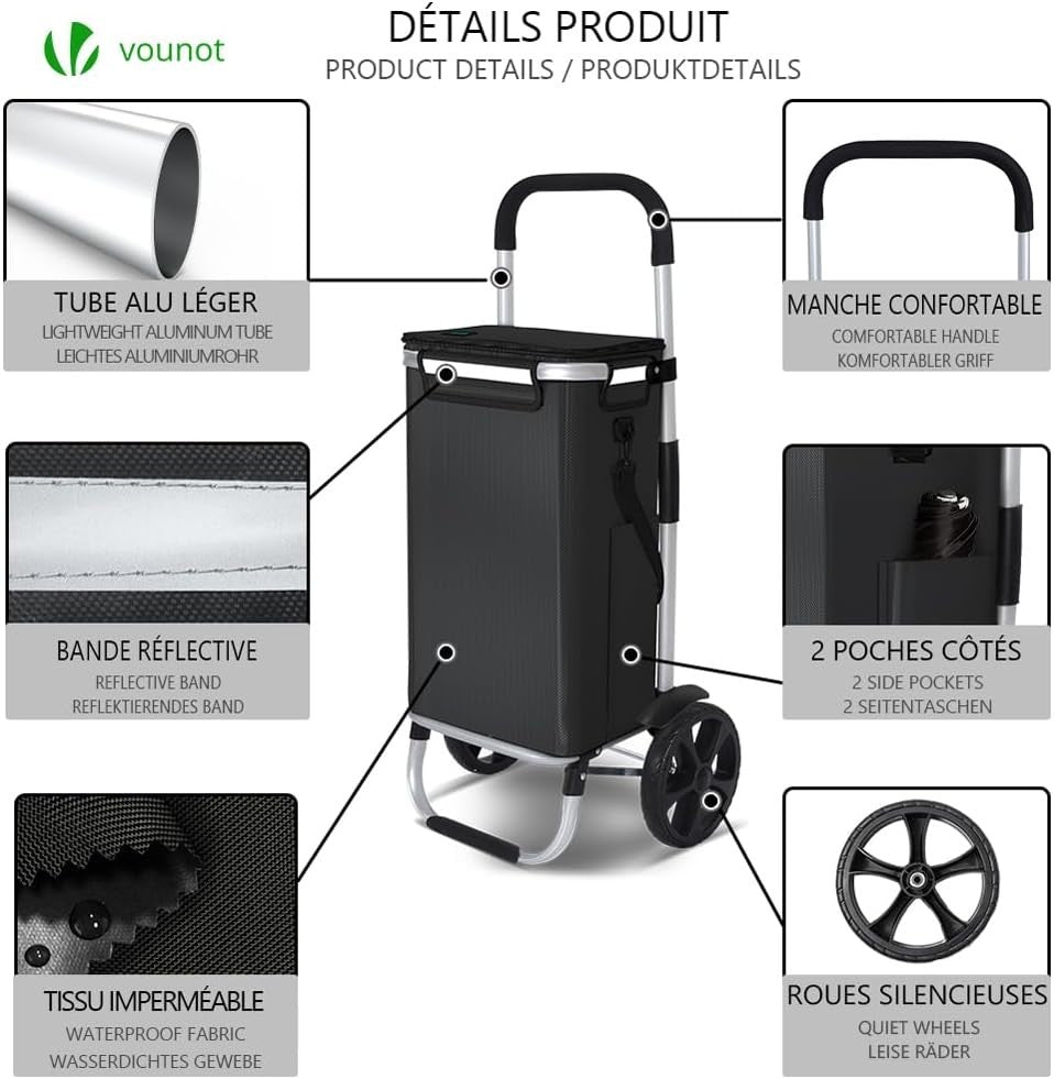 58L Folding Shopping Trolley Black Aluminium Basket with Insulated Bag