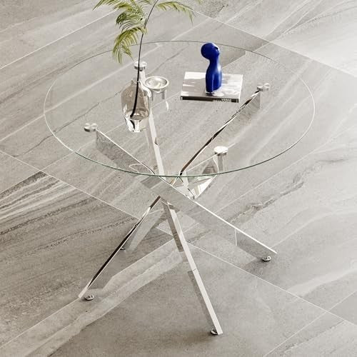Round Glass Dining Table 100cm Tempered Chrome Legs Modern Design