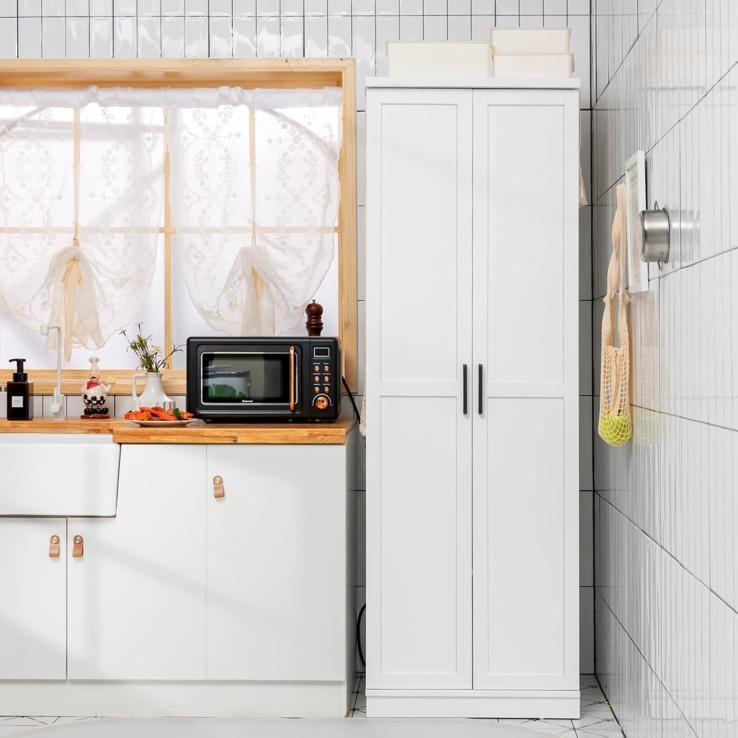 Tall Kitchen Cupboard 5-Tier Storage Cabinet 2 Doors White