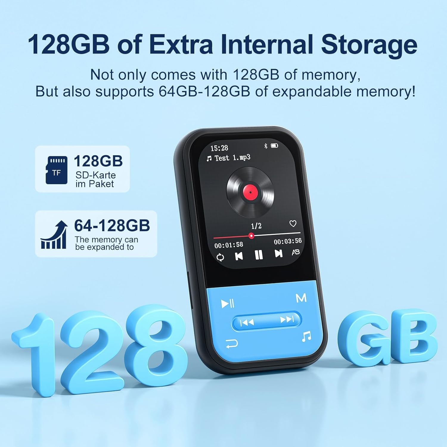 128GB Clip MP3 Player Blue Bluetooth 5.3 FM Sport