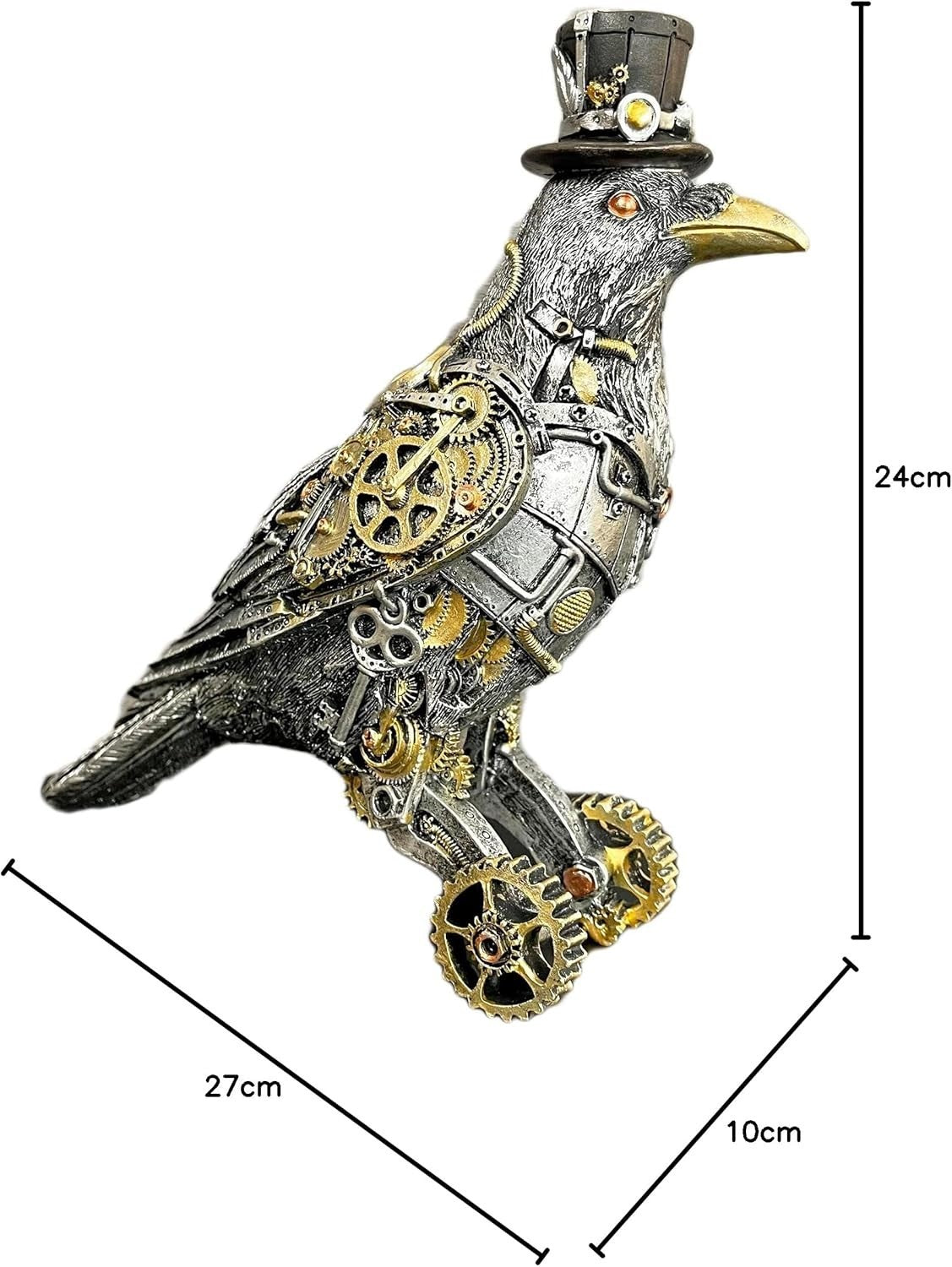 Steampunk Crow Ornament Industrial Silver Resin Gothic Bird Sculpture 27cm