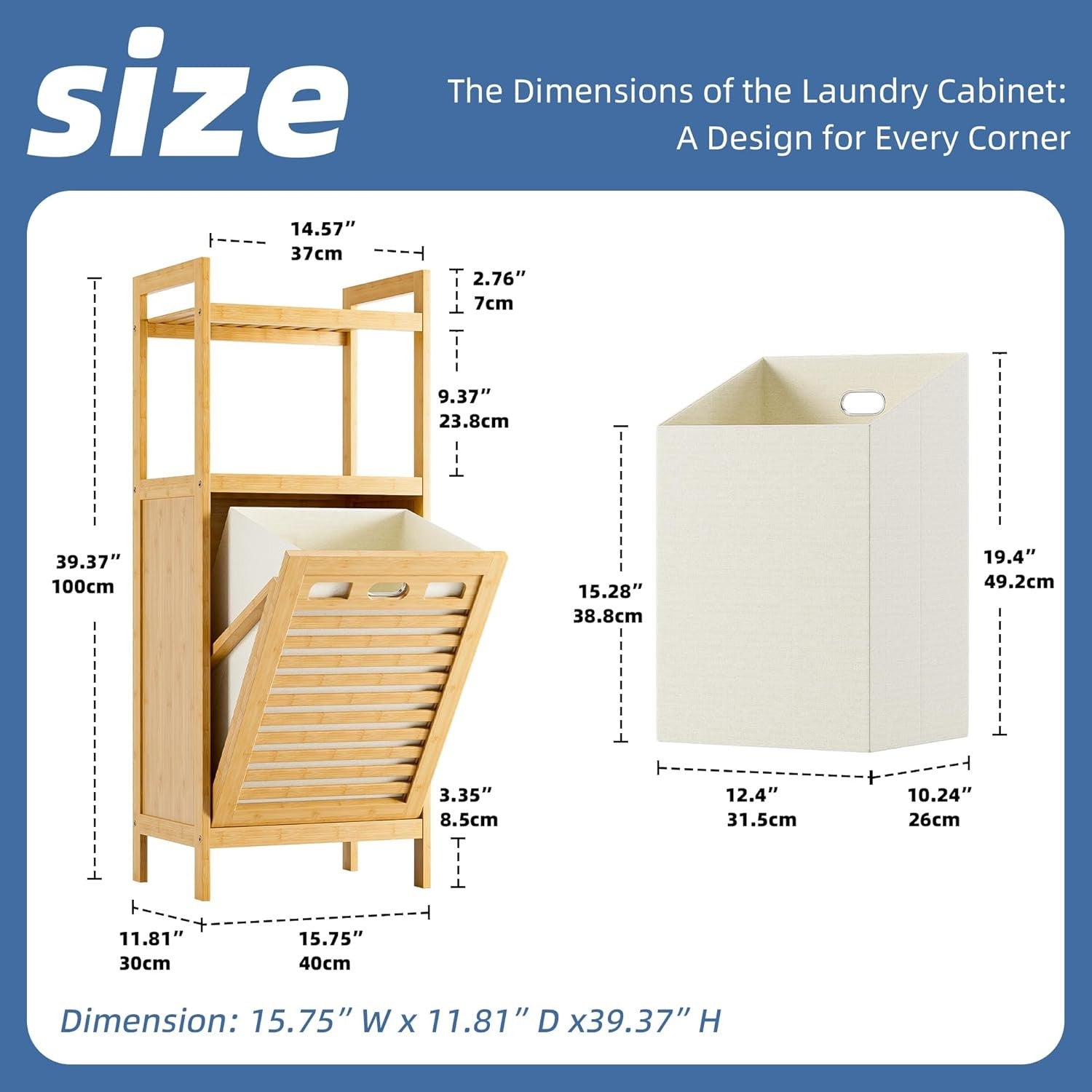 Bamboo Tilt-Out Laundry Hamper with Shelves, Foldable Bag, 30x40x100cm Organizer