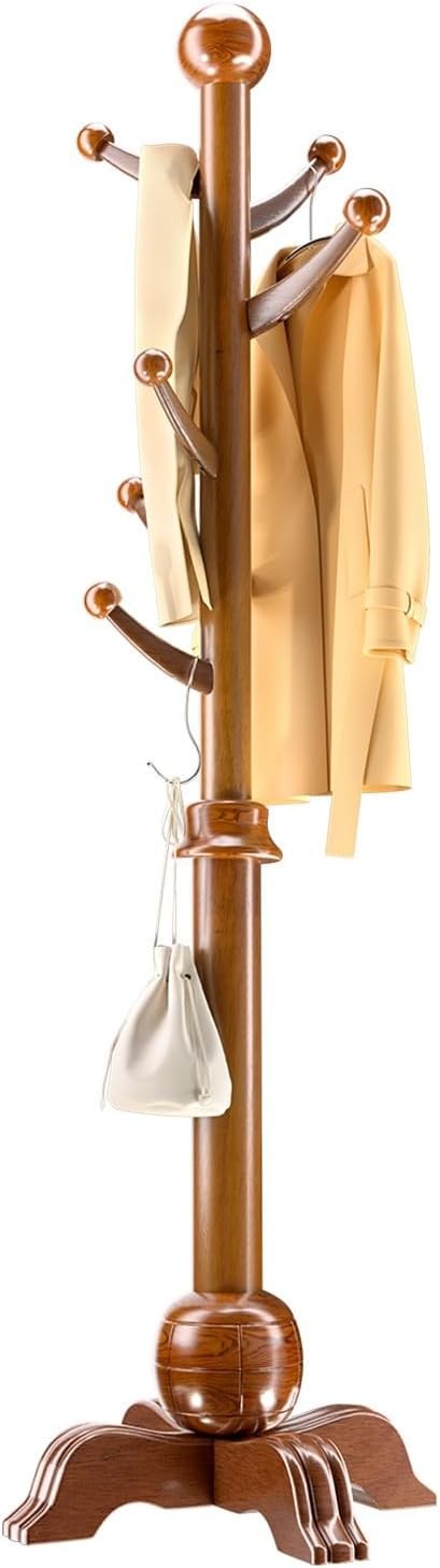 Solid Wood Free Standing Coat Rack | 7 Hook Hall Tree Organizer Stand