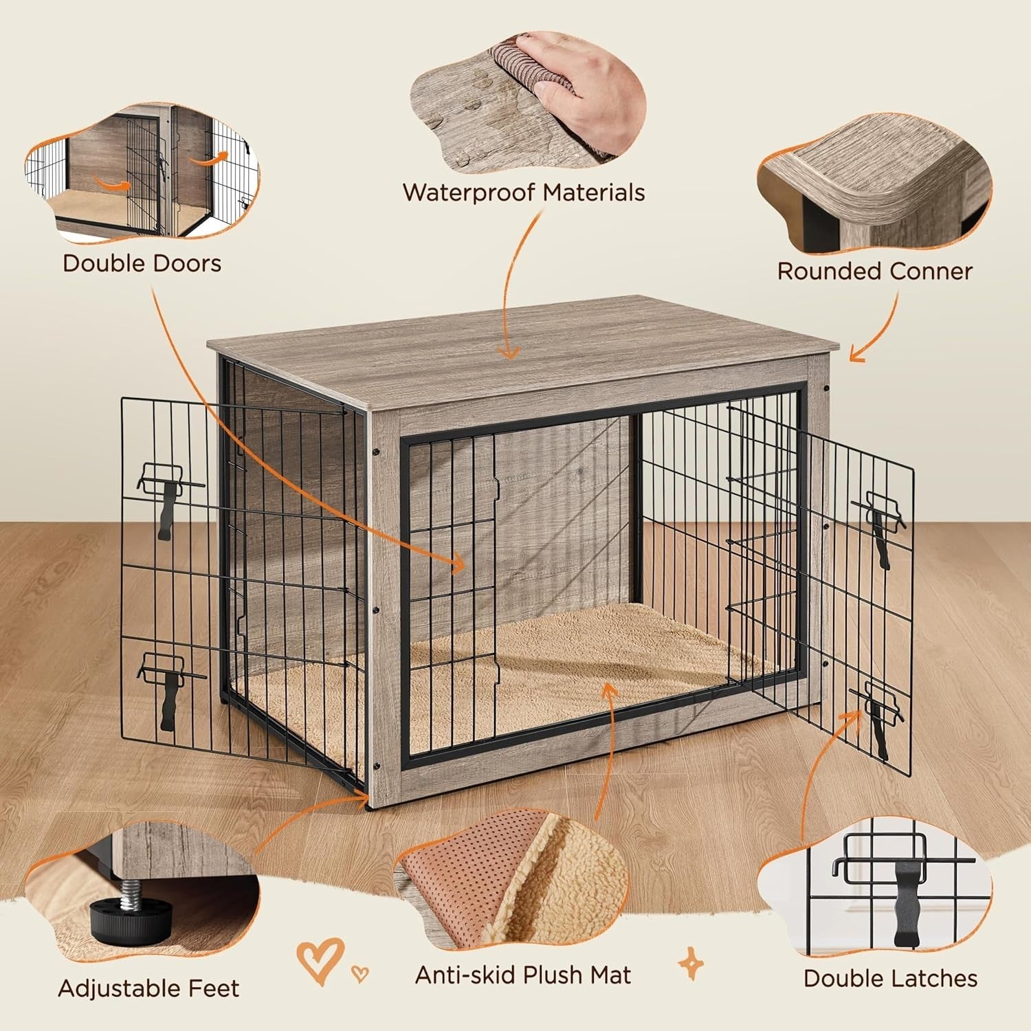 Stylish Medium Dog Crate Furniture with Cushion & Double Doors 96x65x67.5cm