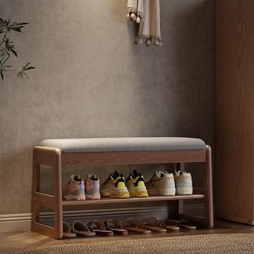 2-Tier Wooden Shoe Bench with Flip-Top & Cushioned Seat for Entryway