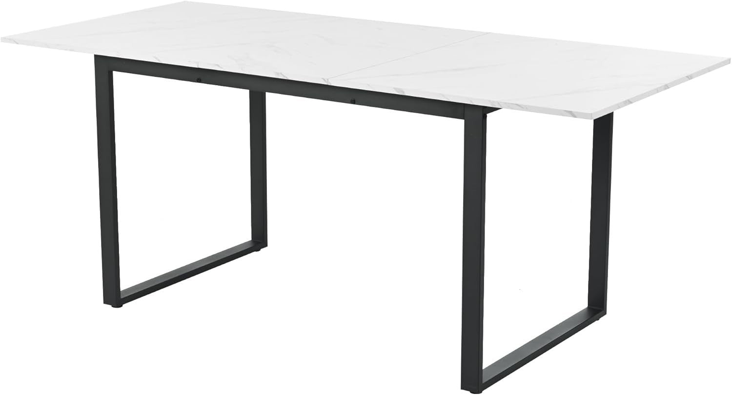 Extendable Marble Look Dining Table 140-180cm White Desktop Black Legs