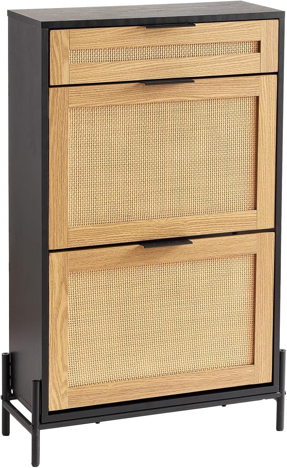 Narrow Rattan Shoe Cabinet with 2 Flip Drawers & Slide Drawer – Black