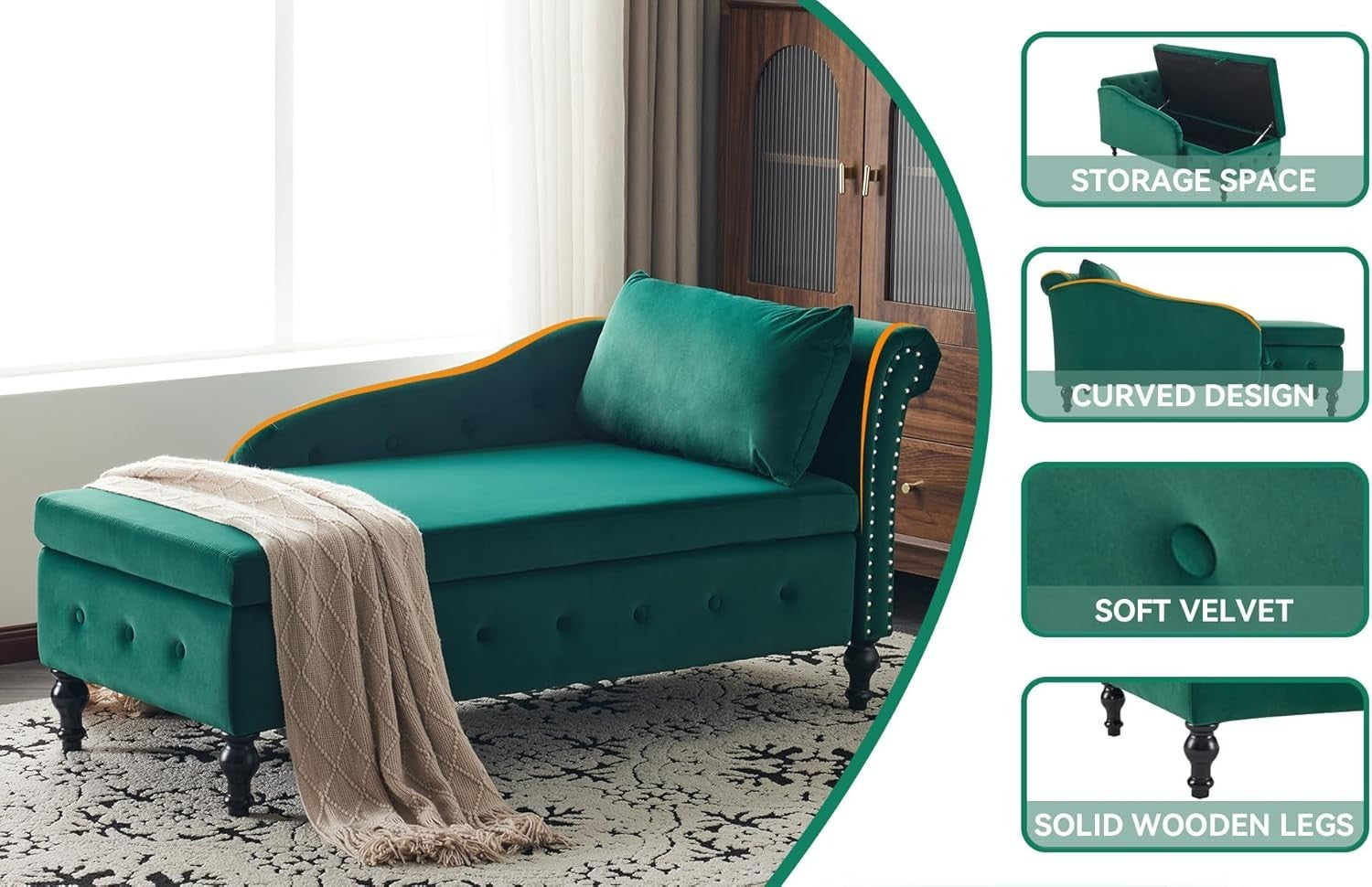 Velvet Chaise Lounge Sofa w/Storage & Pillow Right Armrest Green Tufted