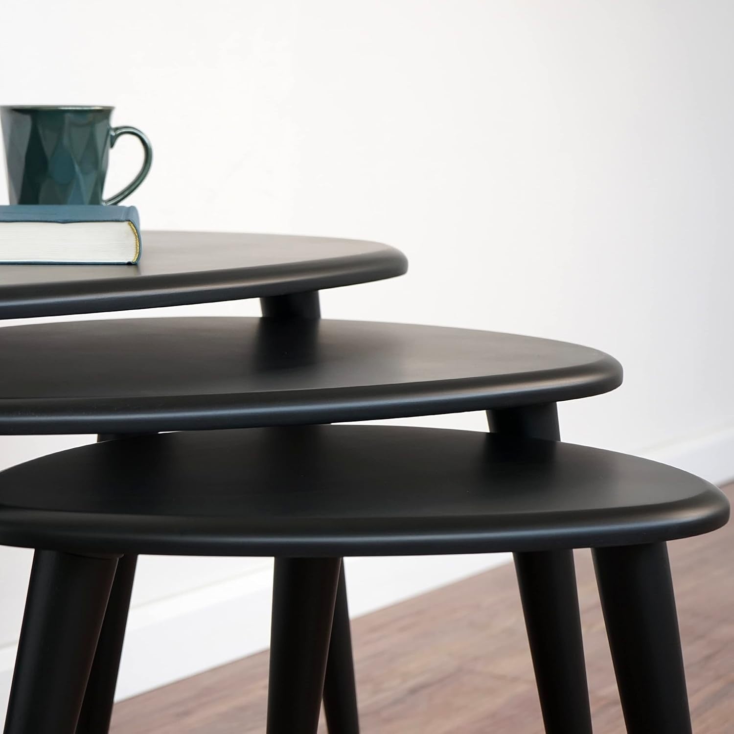 Space Saving Coffee Table Side End Bedside Round Wood Walnut Black