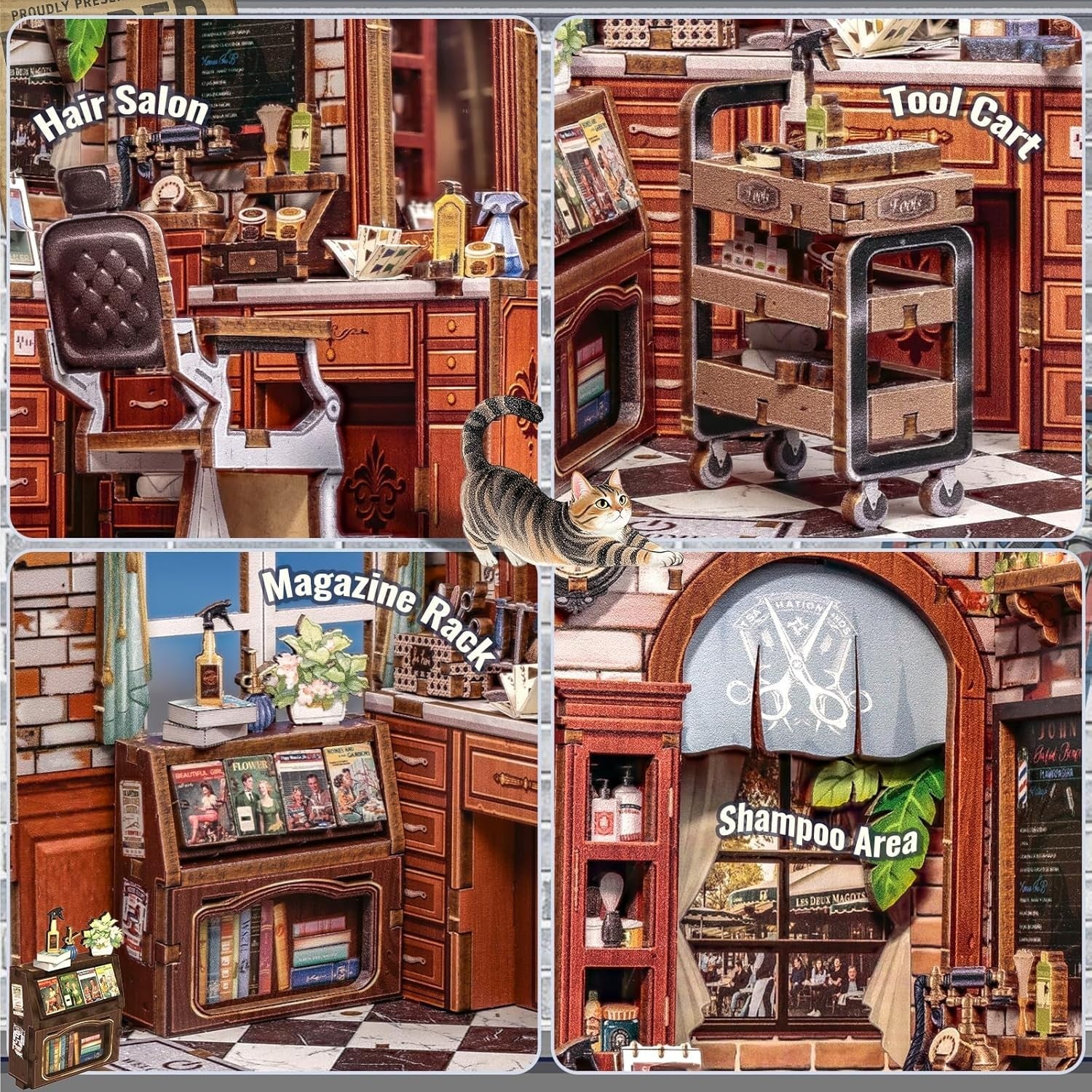 DIY Book Nook Kit Retro Barbershop Miniature LED Bookshelf Decor