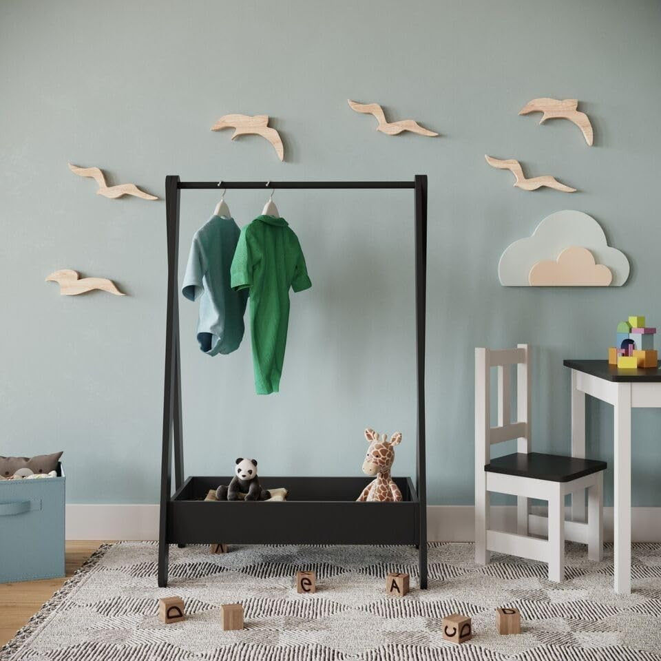 Kids Wooden Dress Up Clothes Rail with Shelf – Black