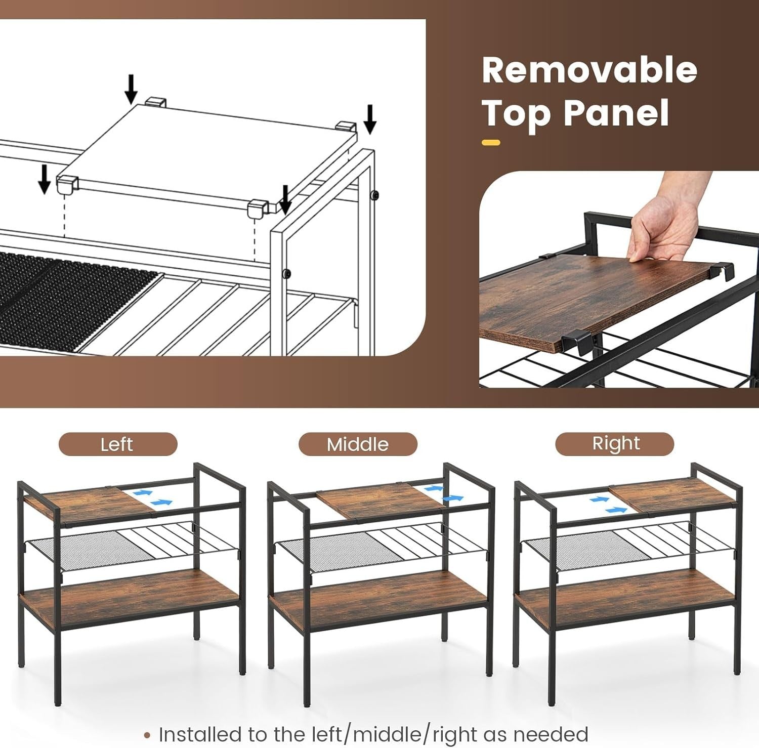 3-Tier Industrial Side Table with Removable Top & Mesh Shelf, Sturdy Metal Frame