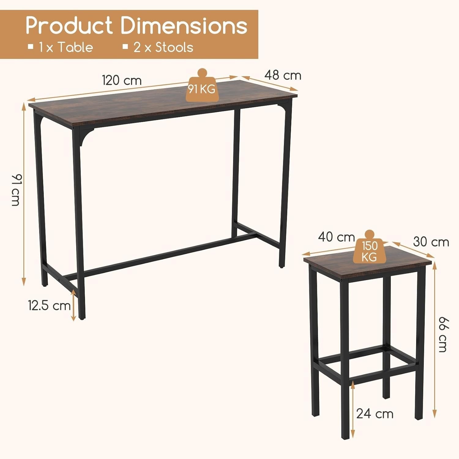 3 Piece Bar Table Set 2 Stools Space Saving Counter Height Dining Coffee Black