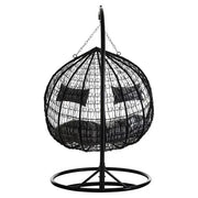 Double Hanging Egg Chair Black Rattan Swing Seat with Grey Cushions Outdoor
