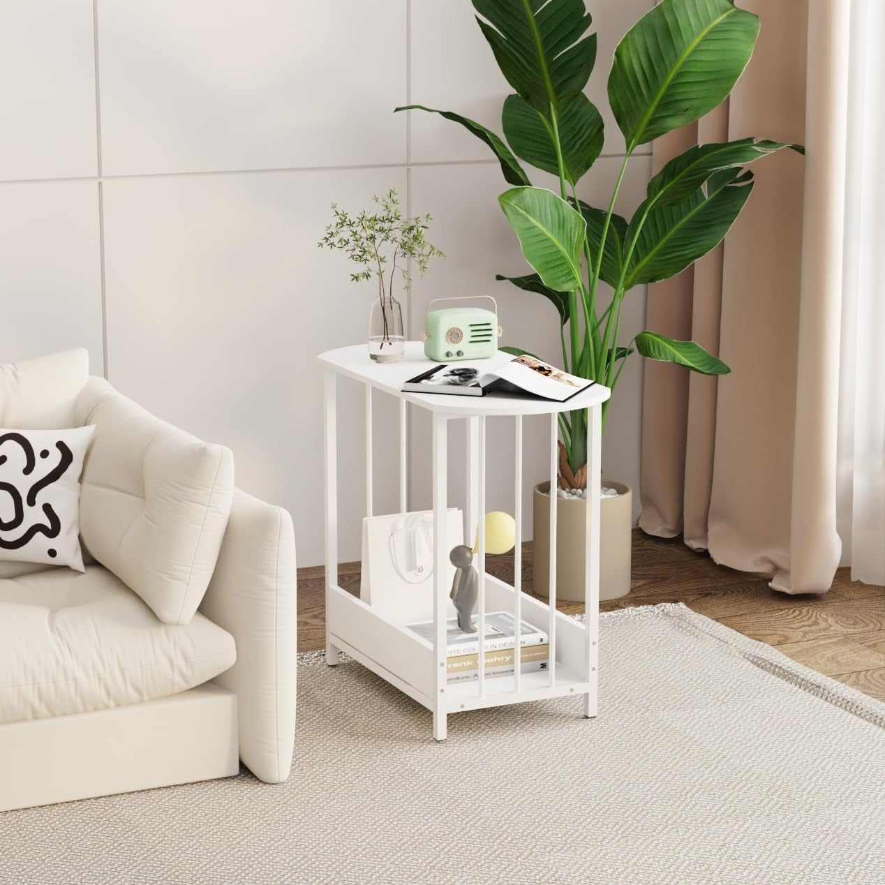 Oval White Side Table with 2-Tier Shelf – Modern Small Sofa End Table
