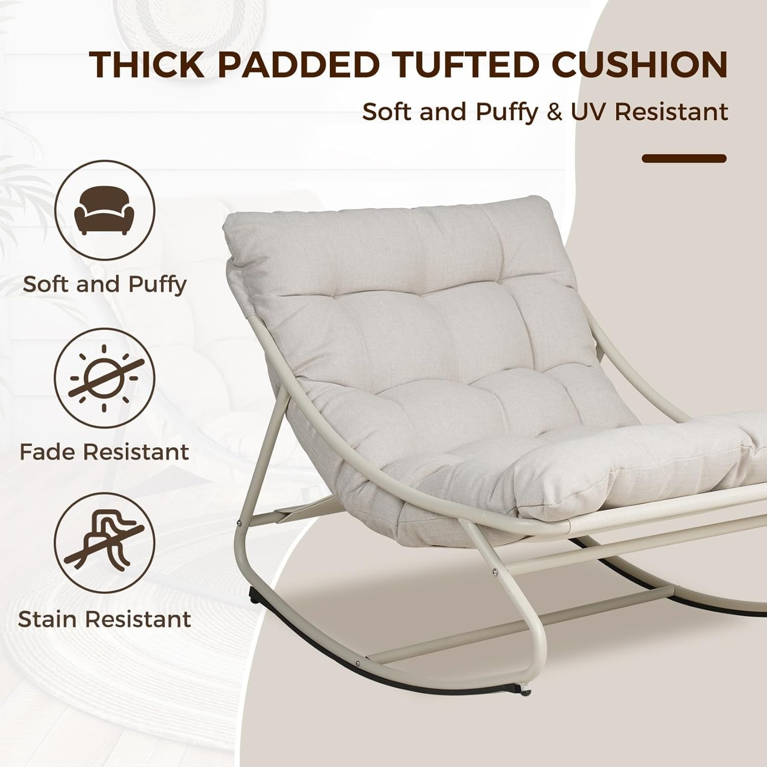 Outdoor Rocking Chair with Cushion Adjustable Rattan Patio Lounger Seat