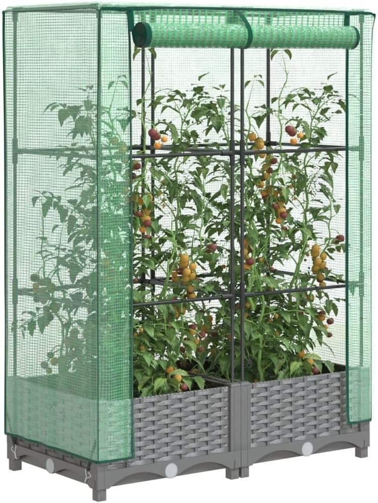 Light Grey Rattan Look Raised Garden Bed with Greenhouse Cover