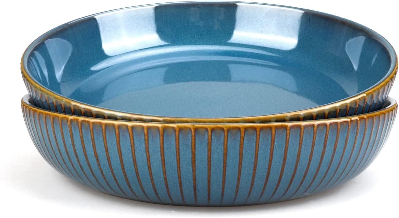 2pc Large Pasta Bowls 21cm Deep Porcelain Serving Bowls Blue Set