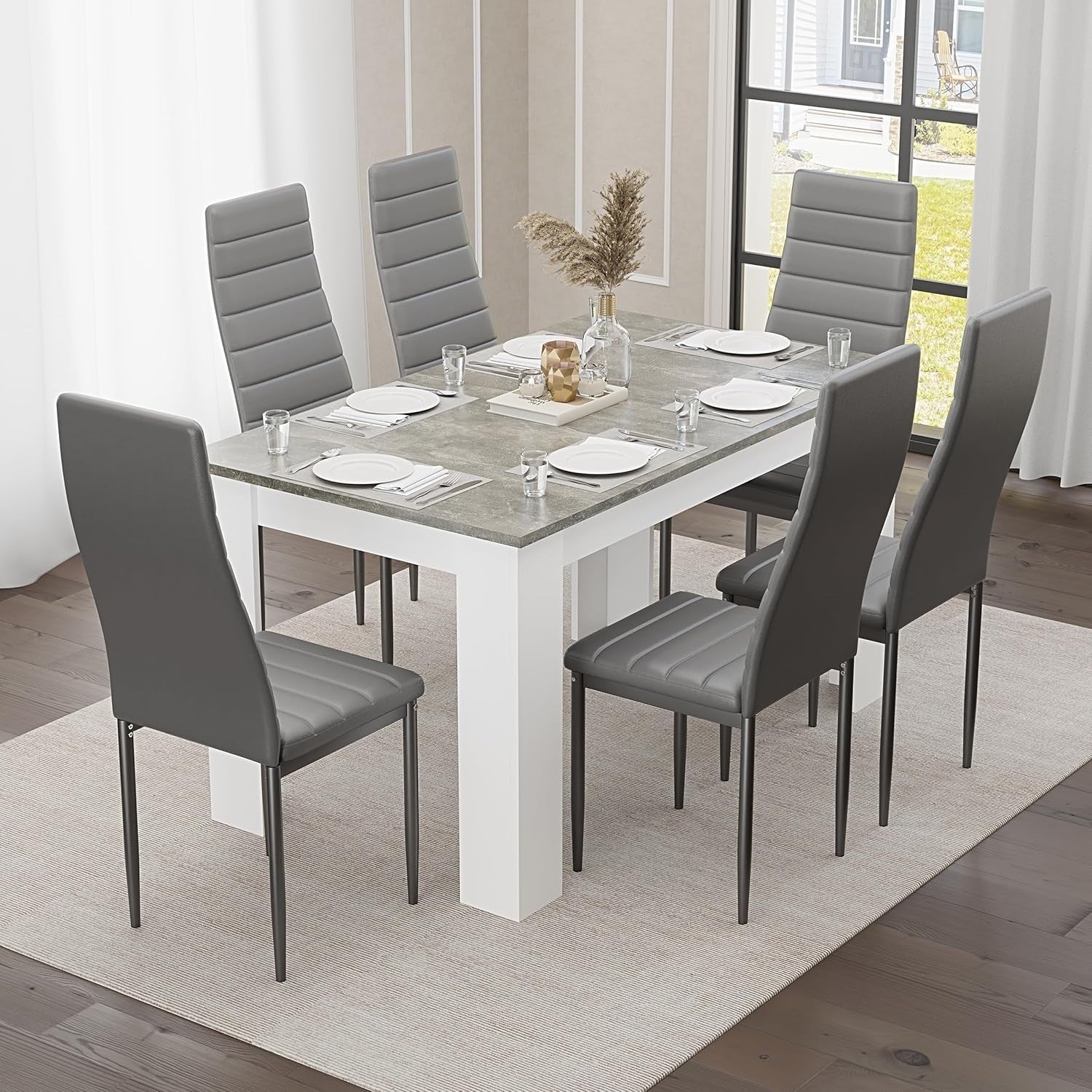 Grey Marble Dining Table Set 6 PU Leather Chairs Modern Kitchen 140cm