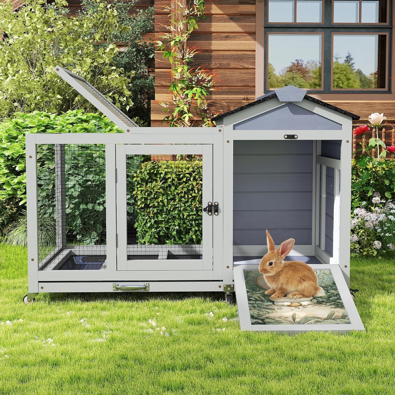 Large Wooden Rabbit Hutch Indoor Outdoor with Tray Lock Waterproof Roof