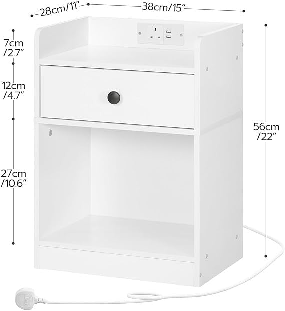 White Charging Bedside Table with USB Ports, Drawer & Shelf Modern Nightstand