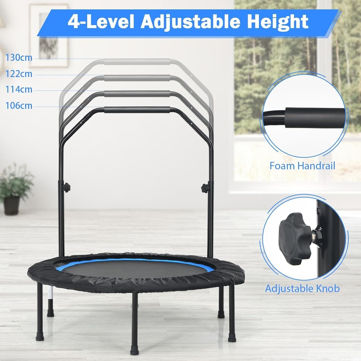 40in Foldable Mini Fitness Trampoline Adjustable Handle Bands
