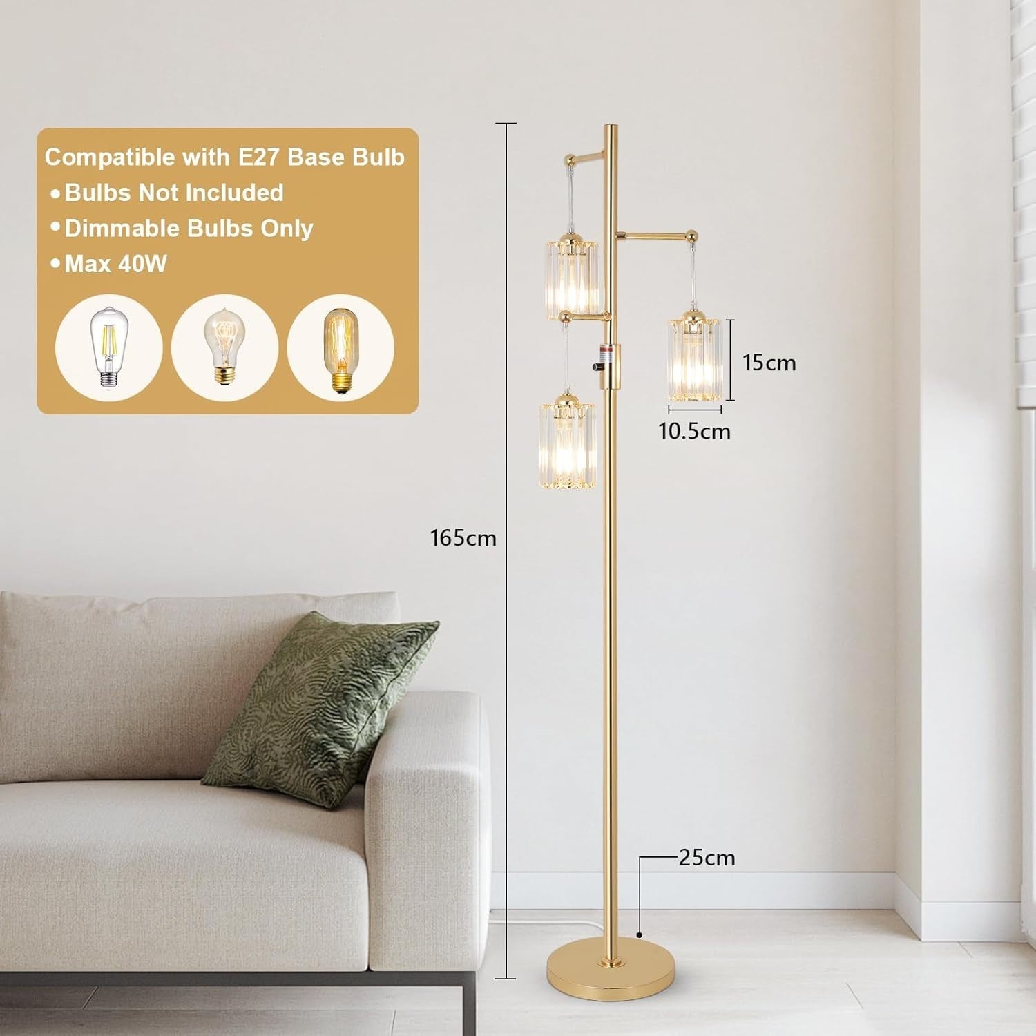 Dimmable 3-Light Gold Floor Lamp with Glass Shades for Living Room & Bedroom