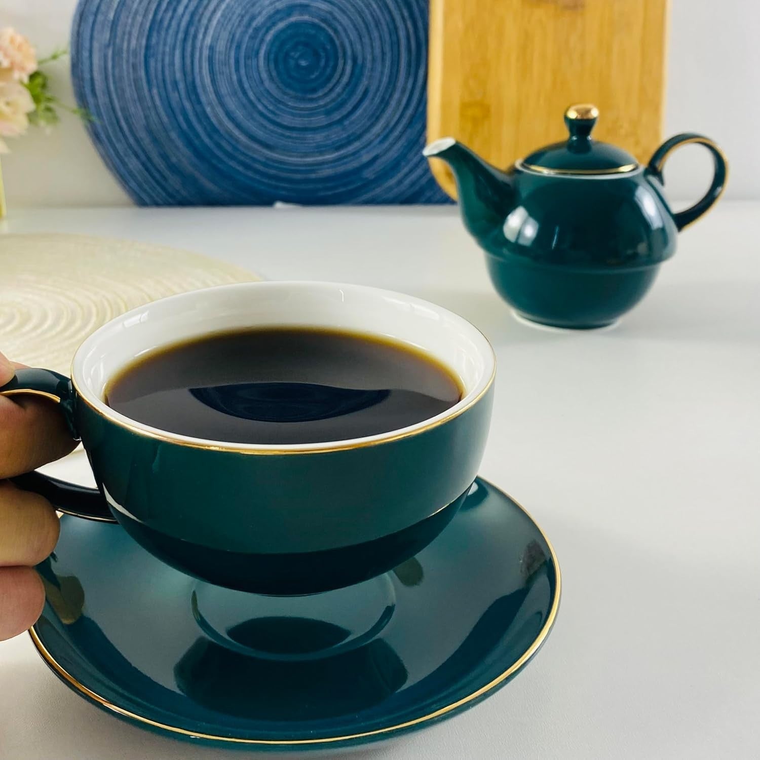 Tea For One Set Peacock Green Teapot Cup Saucer Ceramic Gift 350ml