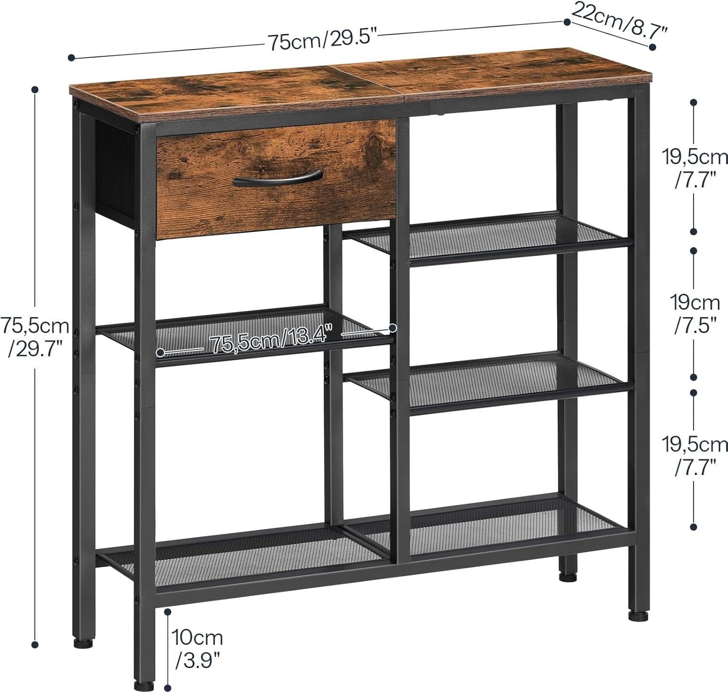 Slim 5-Tier Console Table with Drawer & Storage Shelves, Rustic Industrial