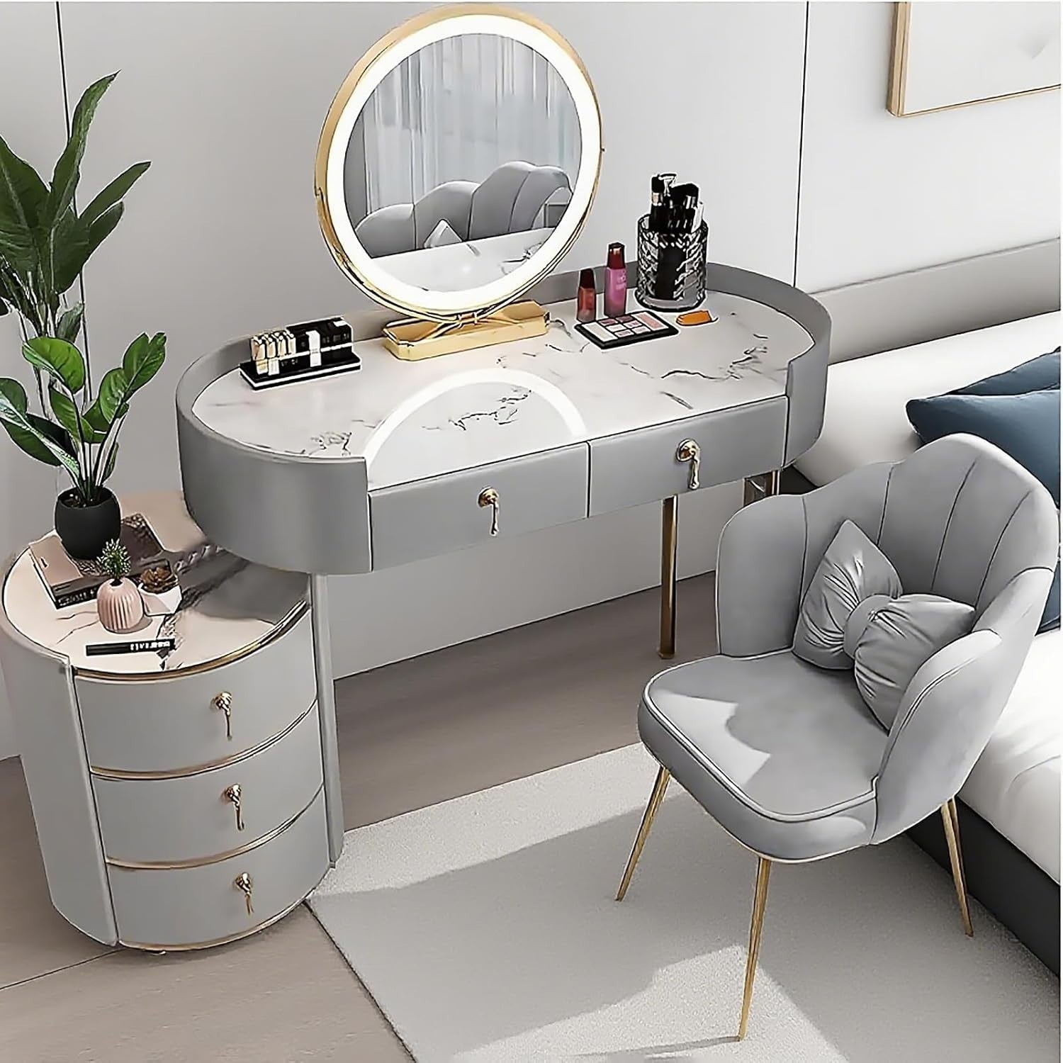 Grey Dressing Table Vanity Set with LED Mirror 5 Drawers Stool Modern Wood Desk