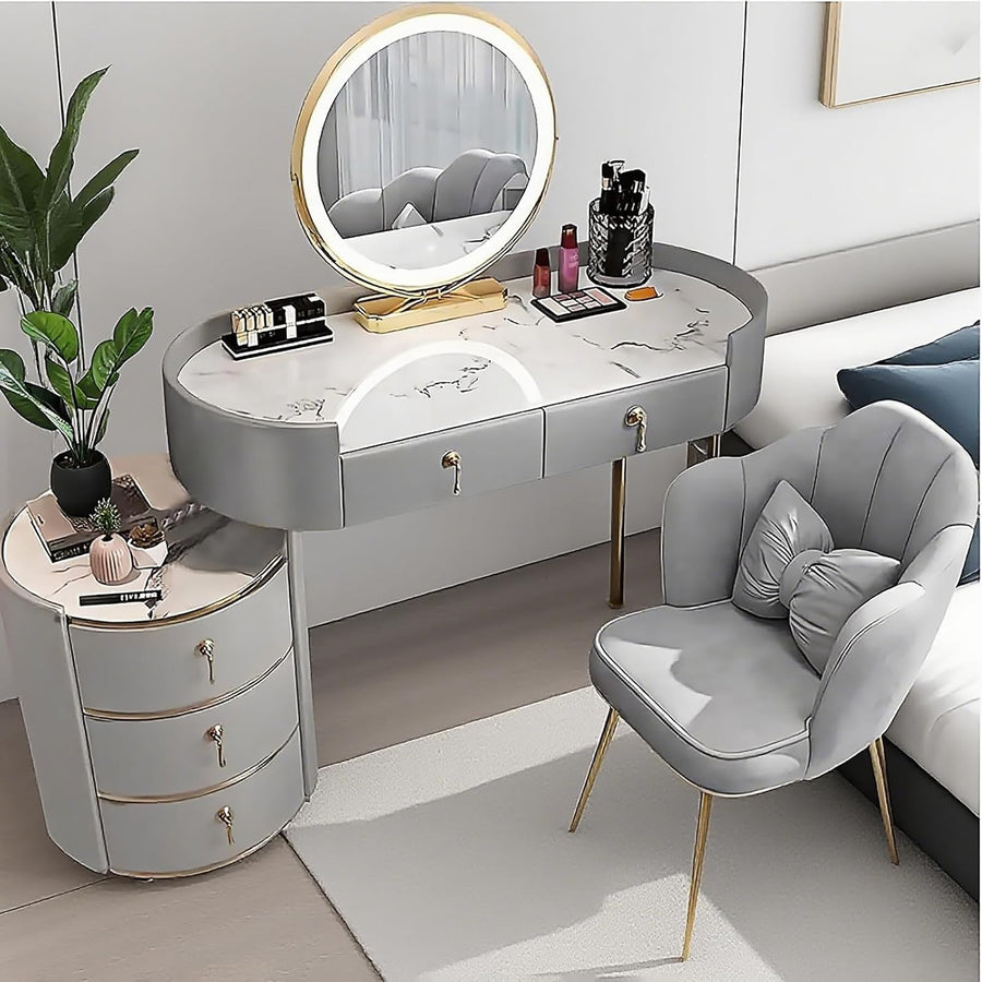 Grey Dressing Table Vanity Set with LED Mirror 5 Drawers Stool Modern Wood Desk