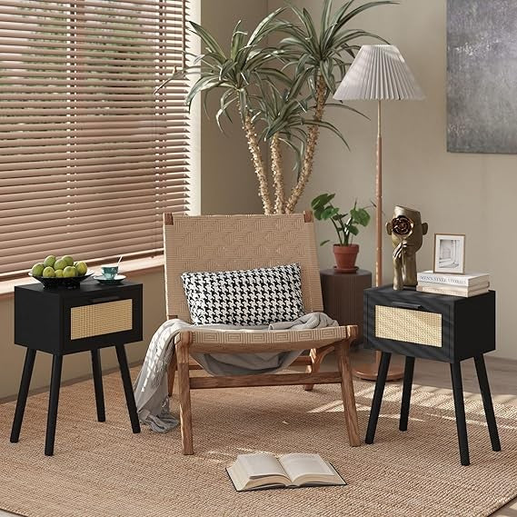 Set of 2 Black Bedside Tables with Rattan Drawer, Modern Wooden Nightstands