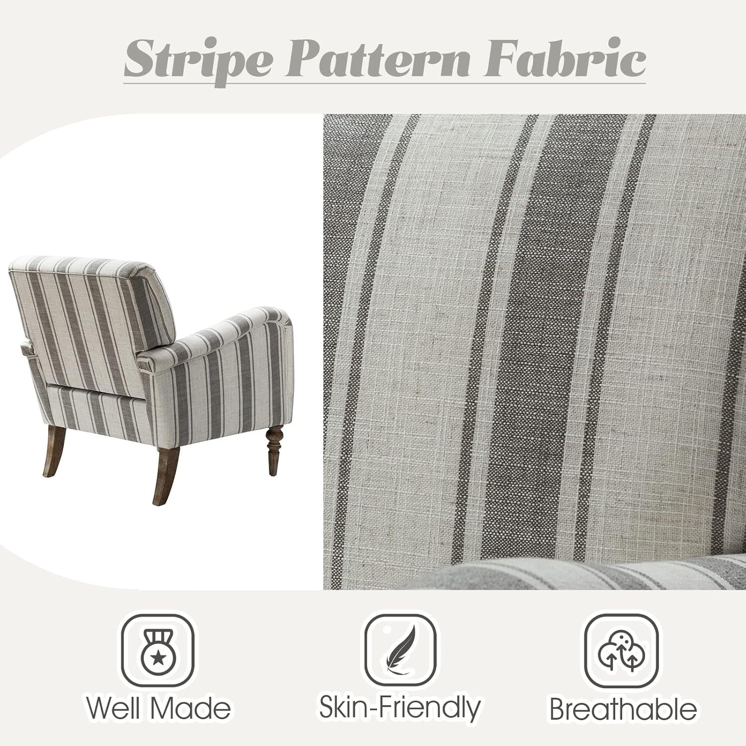 Striped Upholstered Armchair with Wooden Legs for Lounge or Bedroom Grey