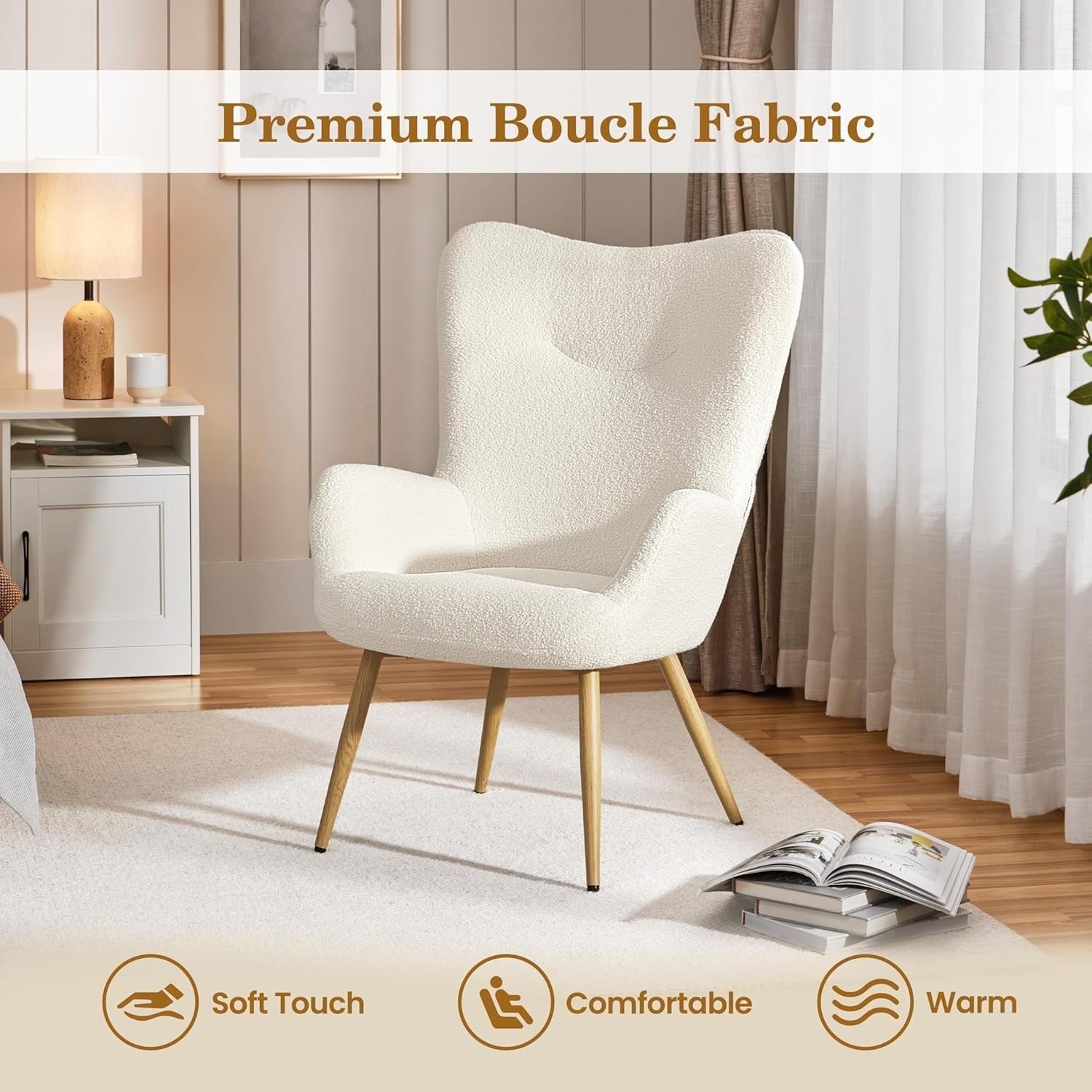 Cozy Sherpa Fuzzy Tub Chair with High Back & Wooden Legs for Living Room