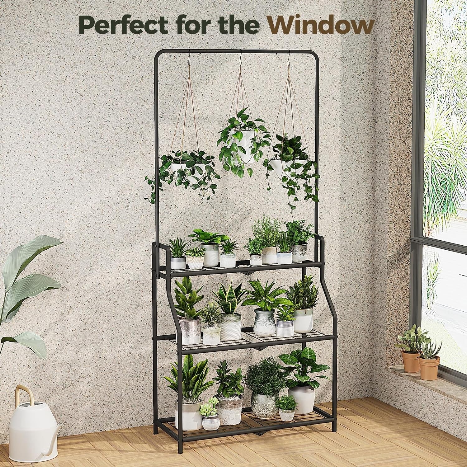 3 Tier Hanging Metal Plant Stand Black  Indoor Outdoor Flower Pot Shelf Rack