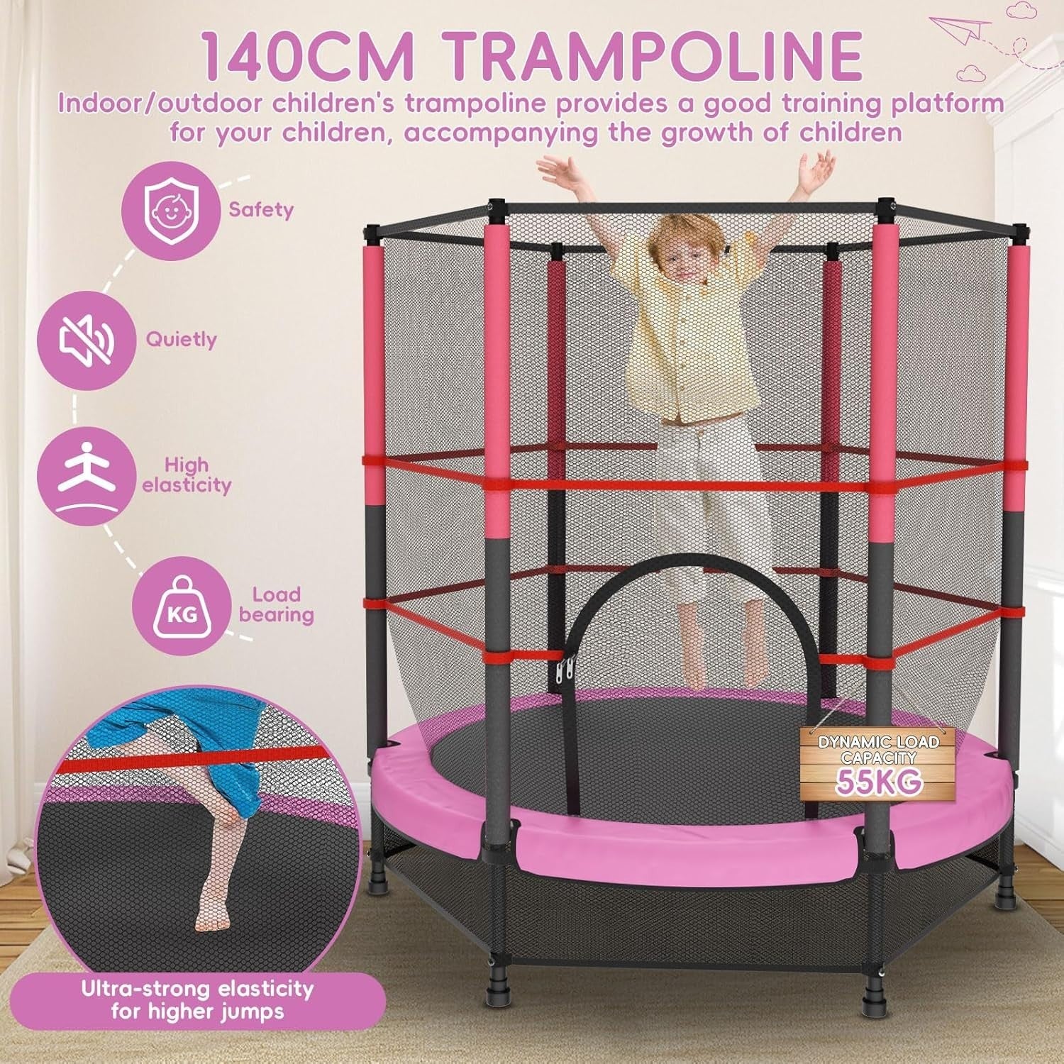 Pink Kids Trampoline 140cm Safety Net Indoor Outdoor Ages 3–10