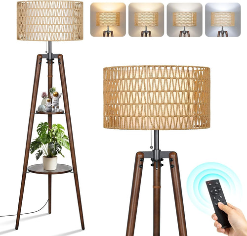 Tripod Floor Lamp Rattan Linen Shade Dimmable Remote Boho Standing Light