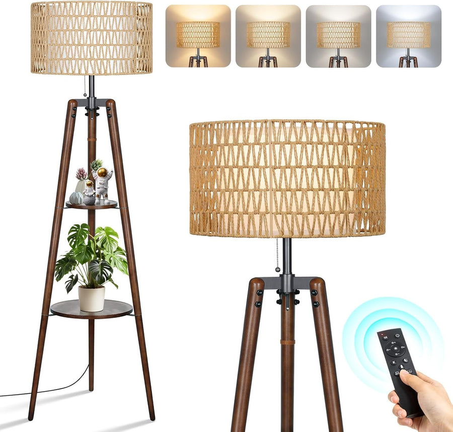 Tripod Floor Lamp Rattan Linen Shade Dimmable Remote Boho Standing Light