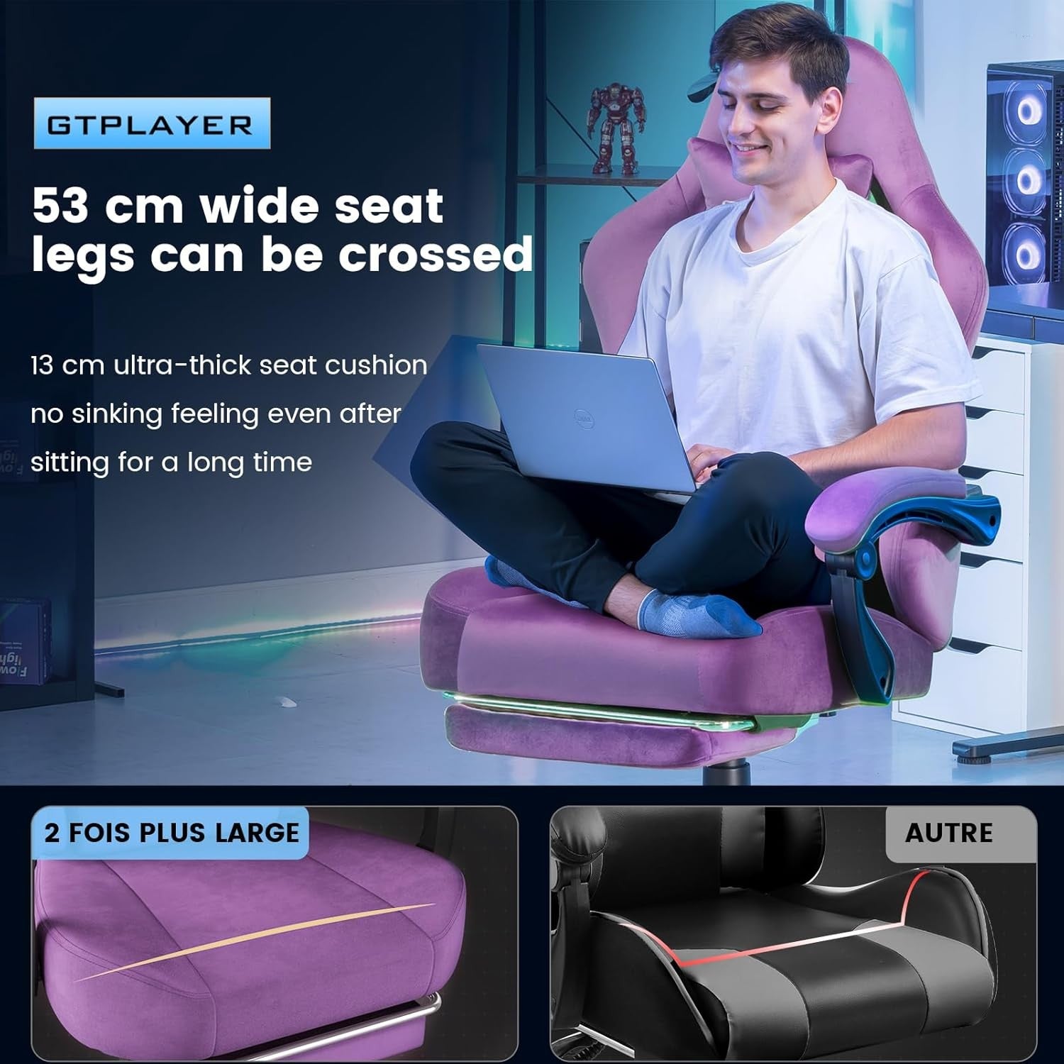 Ergonomic Fabric Gaming Chair w/ Footrest Recliner Light Purple