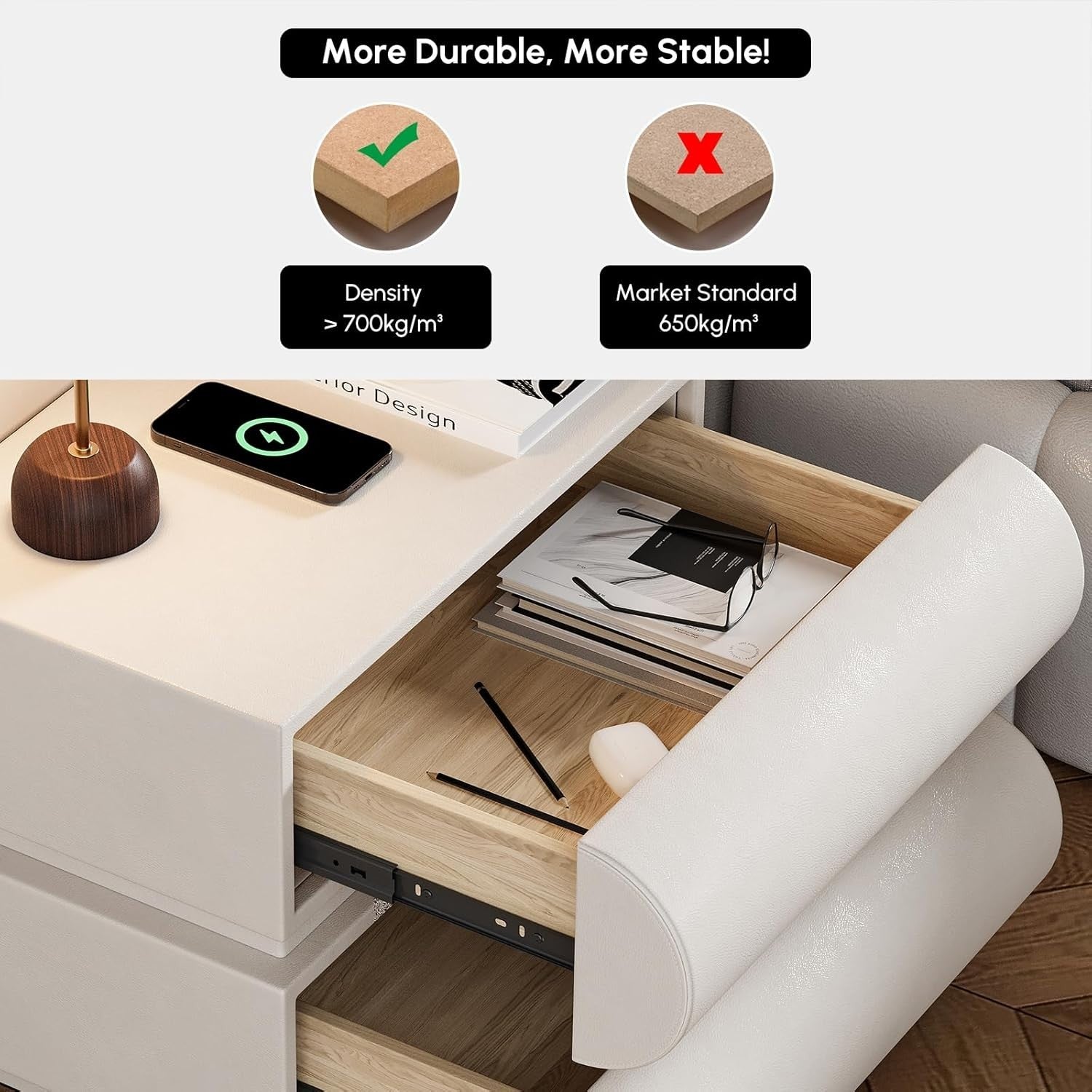 Modern 2 Drawer Bedside Table with Wireless Charger & USB Type-C – White