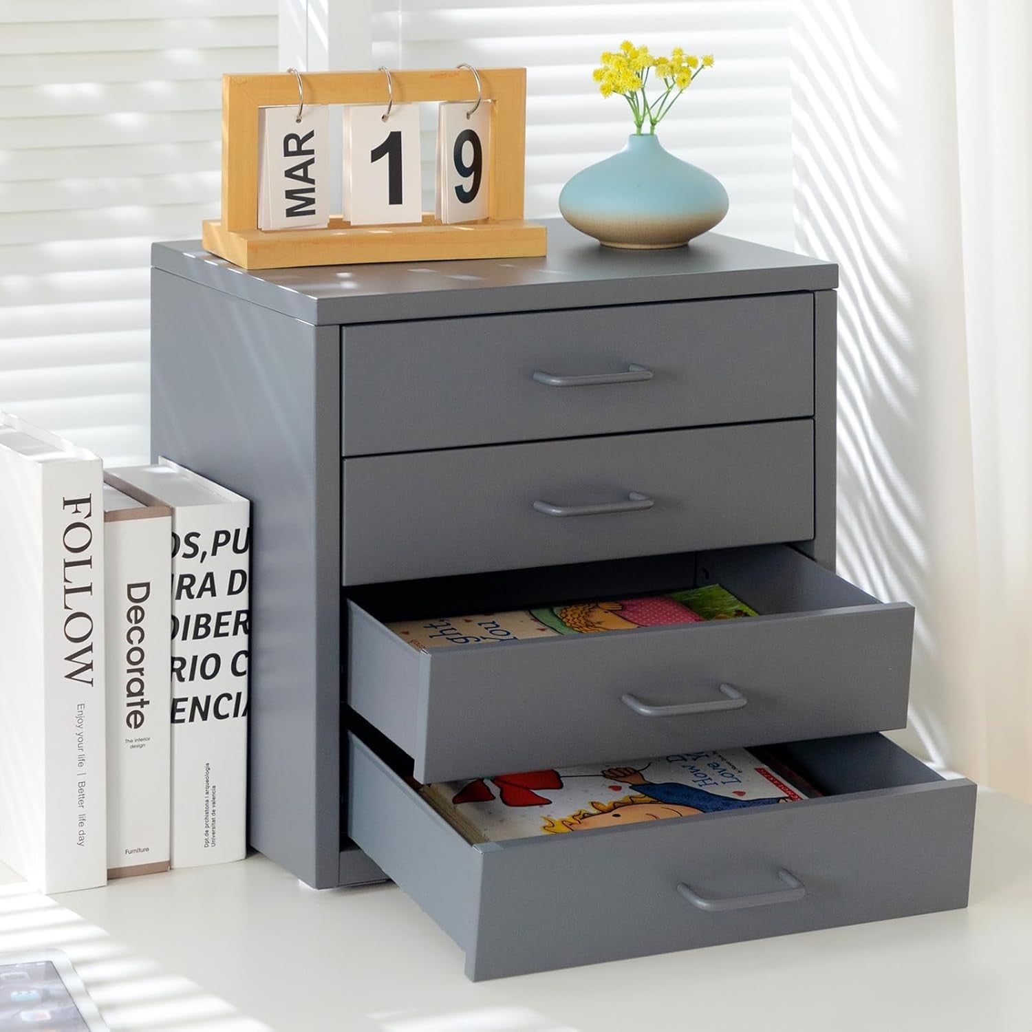 Grey Desktop A4 File Cabinet 4 Drawer Metal Office Storage Organizer