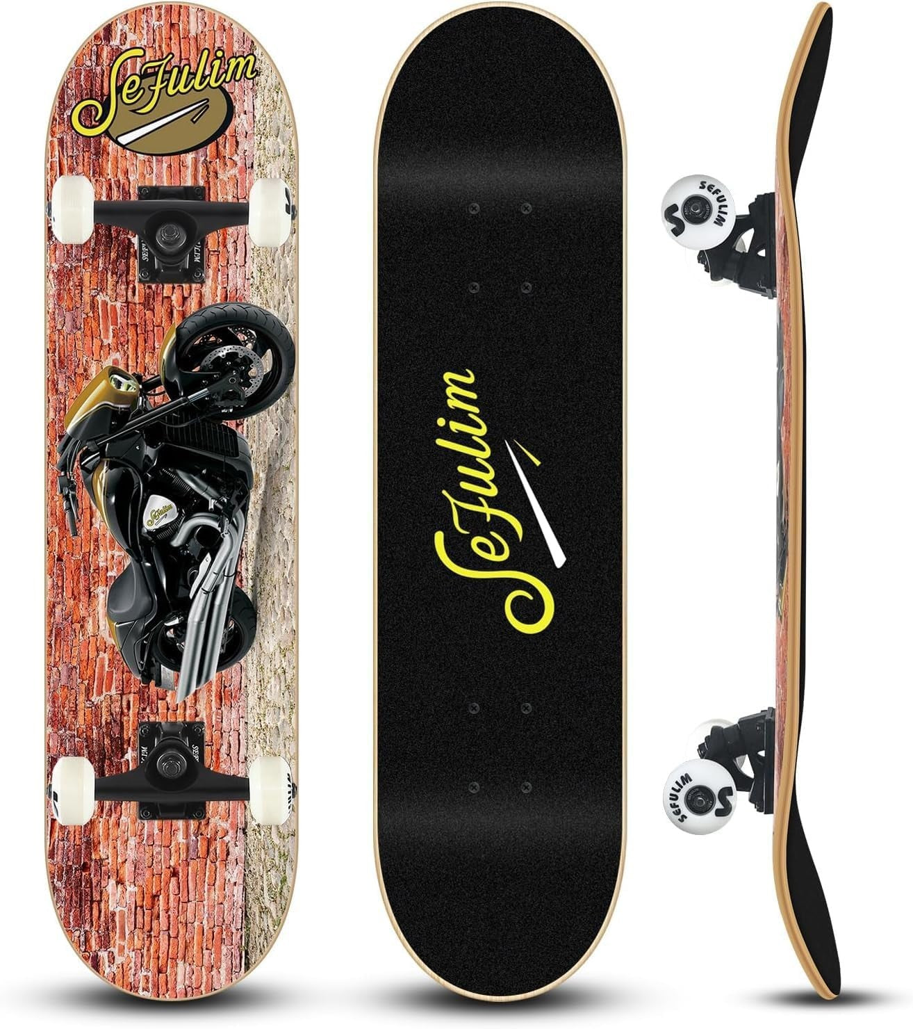 31" Complete Skateboard Maple Double Kick Trick Board Motorcycle Design Teens