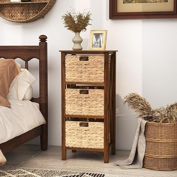 Tall Wooden Bedside Table with 3 Seagrass Baskets | Slim Rustic 3-Tier
