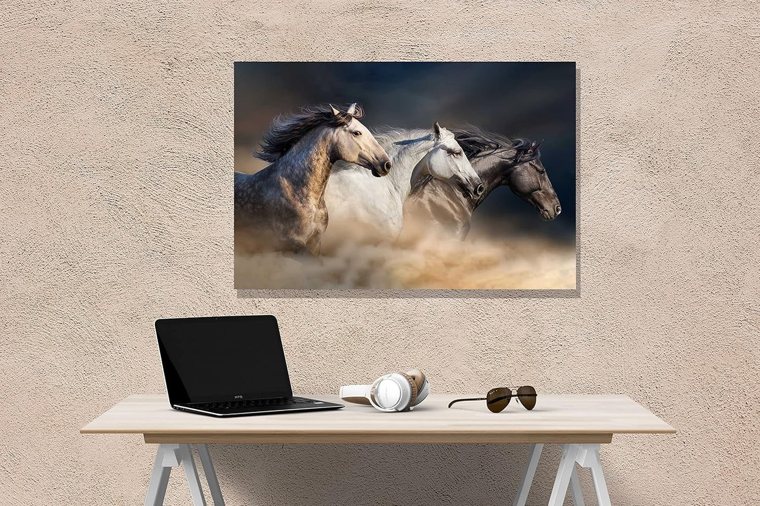 Horses in Fog Canvas Wall Art Framed Black White Horse Print 86x61cm Large
