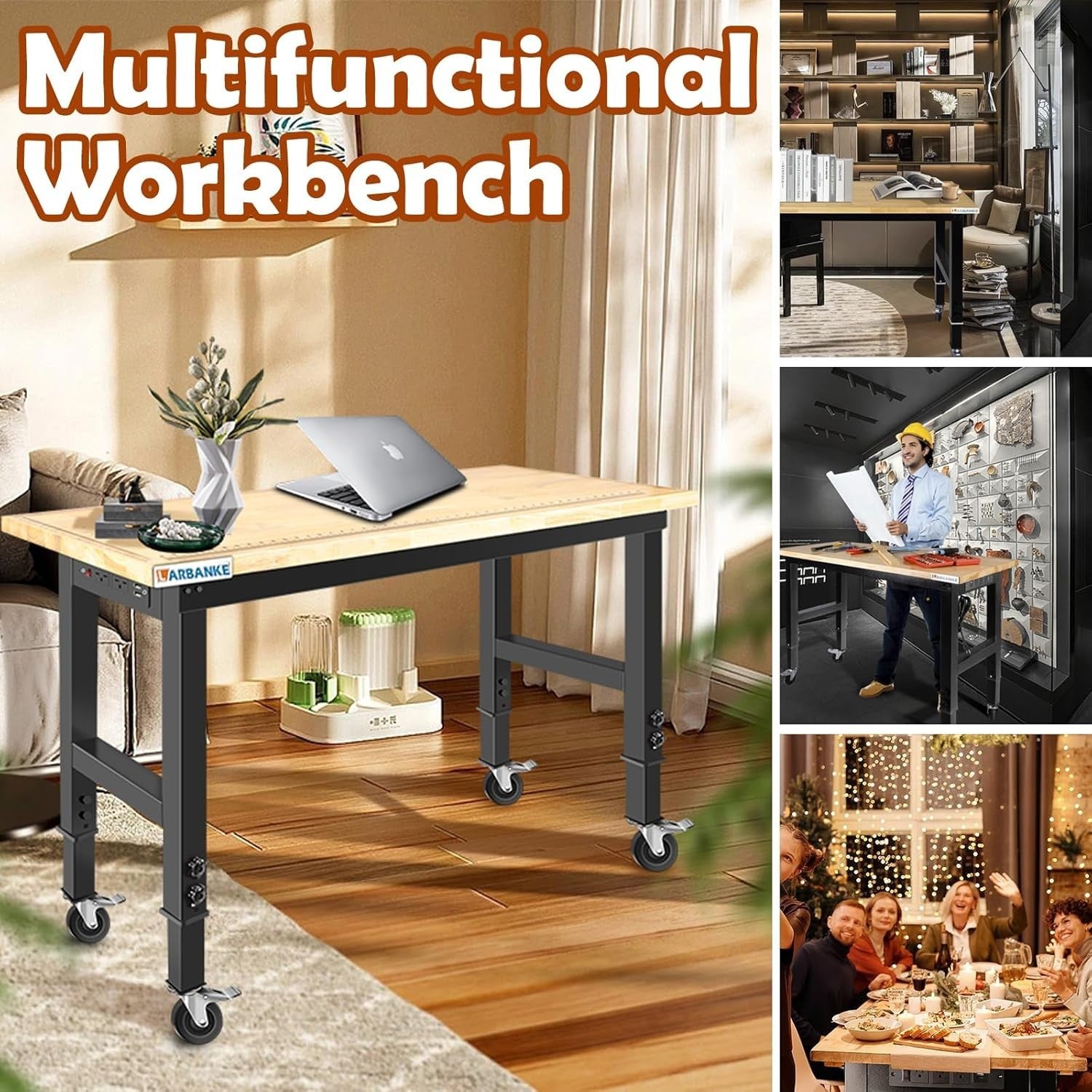 Adjustable Workbench 120cm Heavy Duty 900kg Load with Wheels Power Outlet