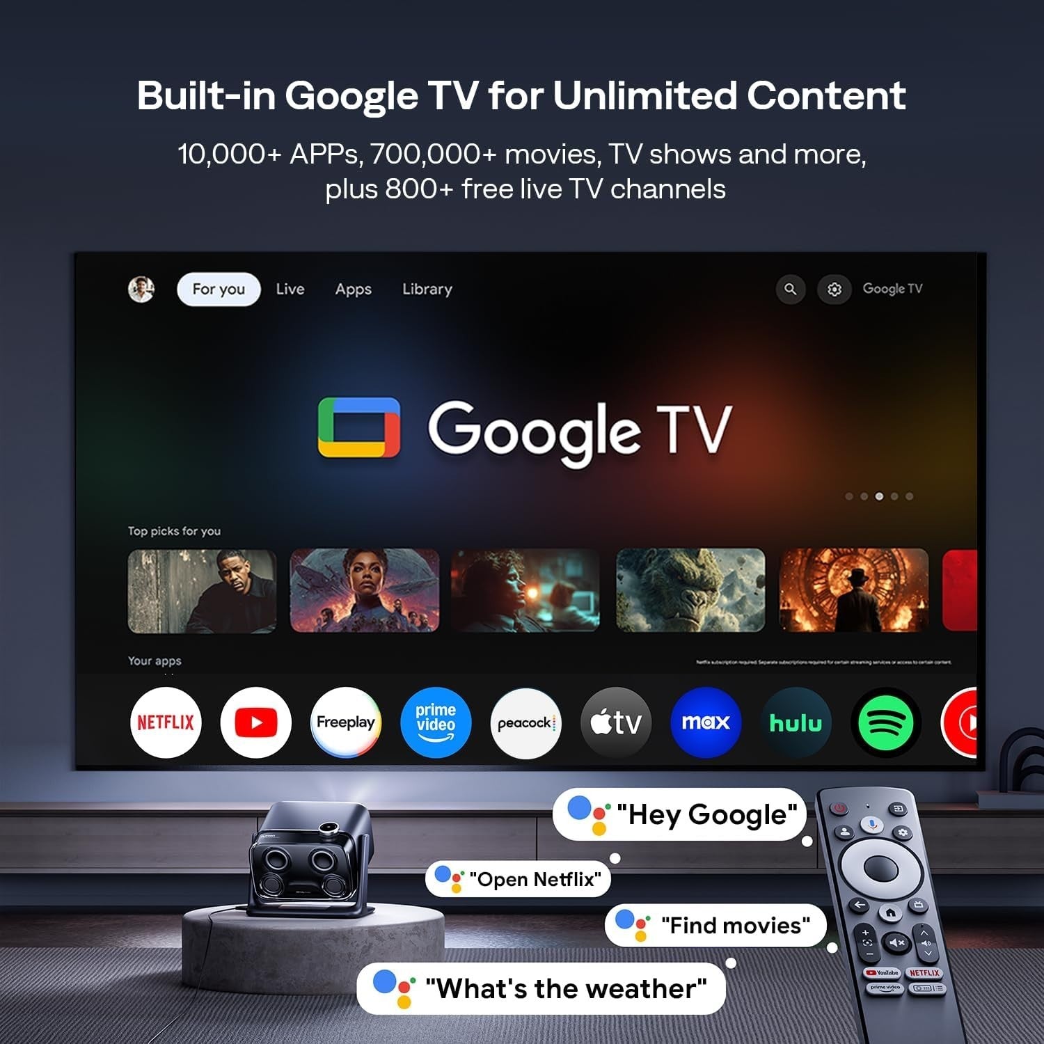 Google TV Mini Projector 1080P 500 ANSI Dolby 20W WiFi Bluetooth 4K