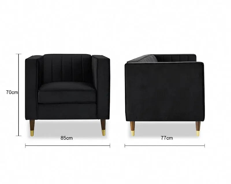 Black Velvet Armchair 1 Seater Sofa Ribbed Gold Leg Modern Lounge Chair