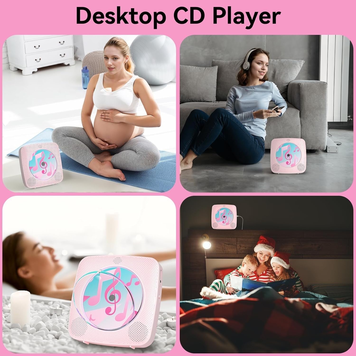 Portable CD Player Bluetooth Speakers FM Radio USB AUX Remote Pink